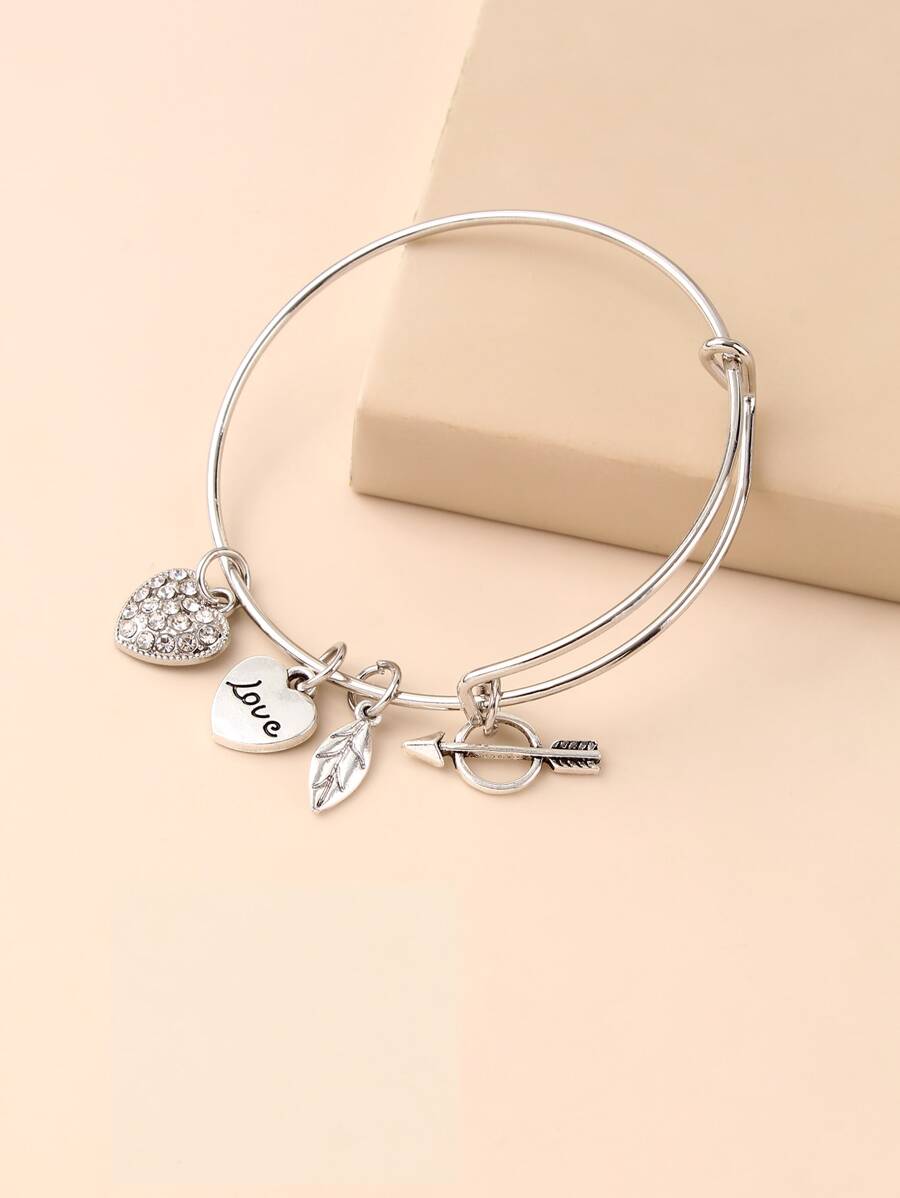 Heart Charm Bangle - Silver - View 1
