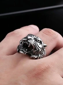 時尚流行男士老虎裝飾戒指合金，適合珠寶禮物和時尚外觀 - 復古銀色 - 查看 1
