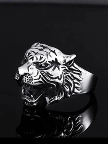 時尚流行男士老虎裝飾戒指合金，適合珠寶禮物和時尚外觀 - 復古銀色 - 查看 2