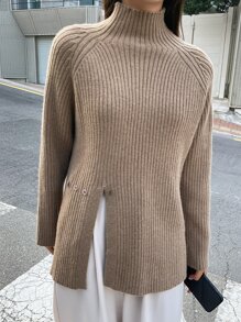 DAZY Jersey de cuello cisne de manga raglán bajo con abertura - Caqui - Ver 4