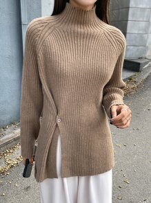 DAZY Jersey de cuello cisne de manga raglán bajo con abertura - Caqui - Ver 7