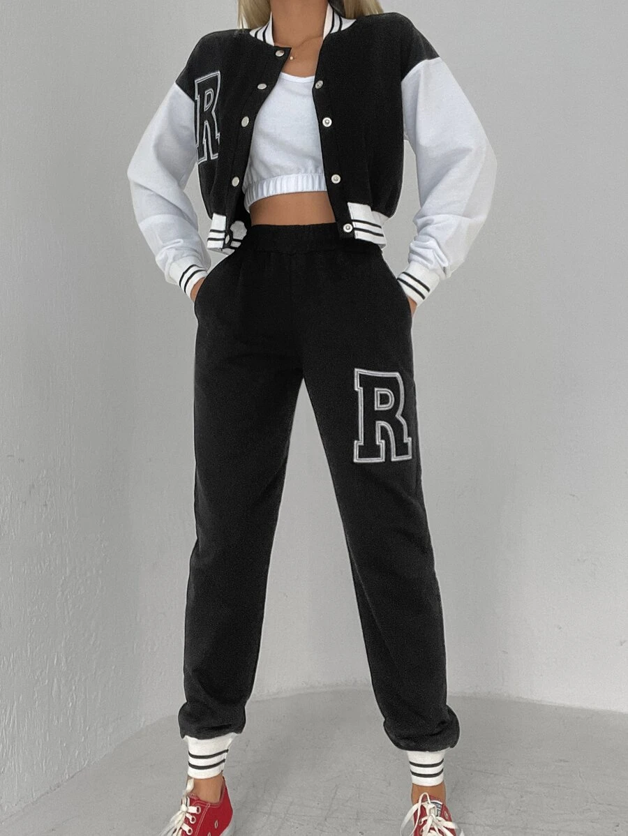 EURMUSE Letter Graphic Striped Trim Drop Shoulder Bomber Jacket & Sweatpants - Black and White - View 1