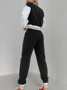 EURMUSE Letter Graphic Striped Trim Drop Shoulder Bomber Jacket & Sweatpants - Black and White - View 2