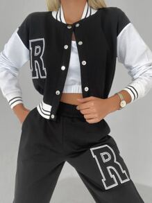 EURMUSE Letter Graphic Striped Trim Drop Shoulder Bomber Jacket & Sweatpants - Black and White - View 3