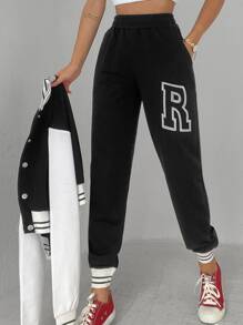 EURMUSE Letter Graphic Striped Trim Drop Shoulder Bomber Jacket & Sweatpants - Black and White - View 4