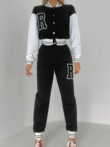 EURMUSE Letter Graphic Striped Trim Drop Shoulder Bomber Jacket & Sweatpants - Black and White - View 5