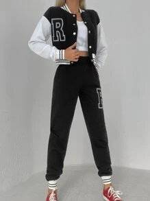 EURMUSE Letter Graphic Striped Trim Drop Shoulder Bomber Jacket & Sweatpants - Black and White - View 6