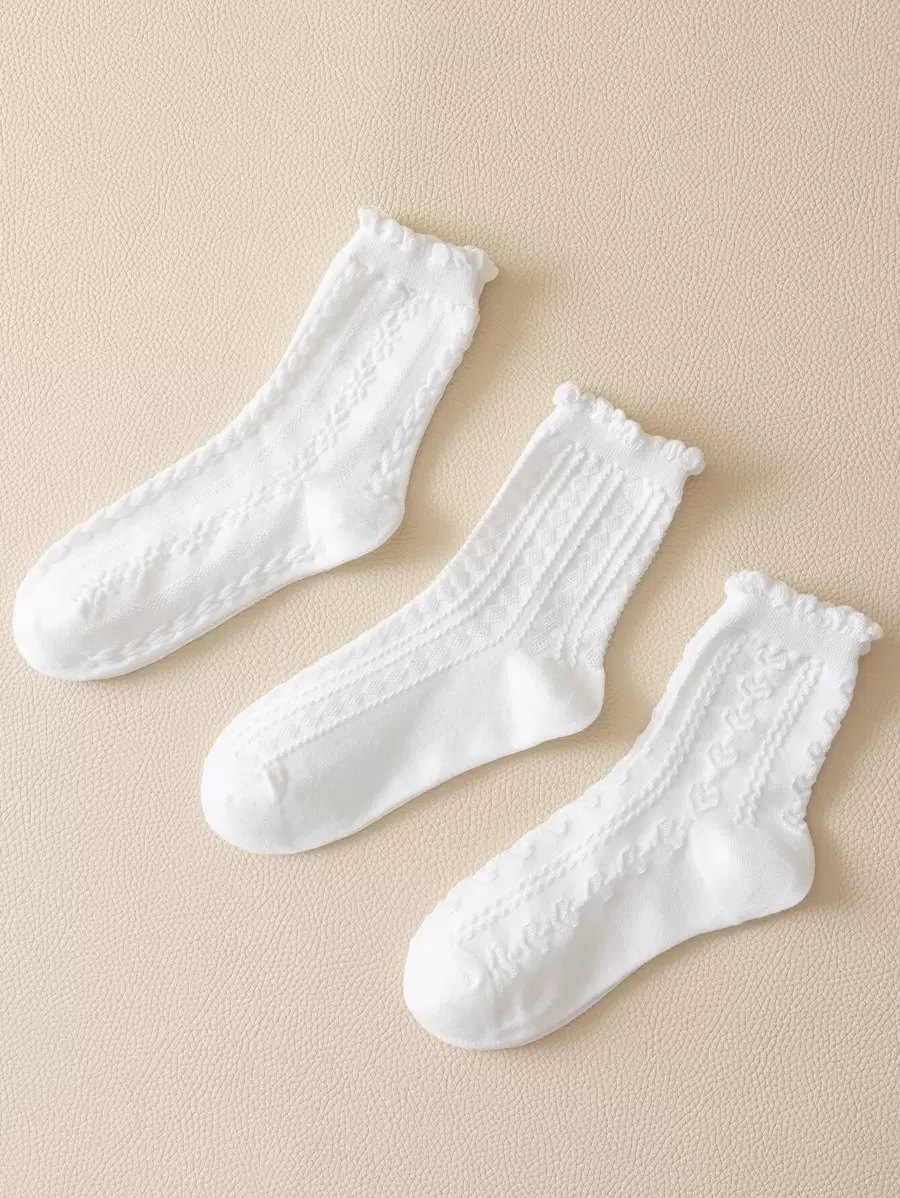 3pairs Solid Crew Socks - White - View 1