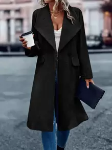 SHEIN LUNE Abrigo teddy de cuello cascada con botones - Negro - Ver 1