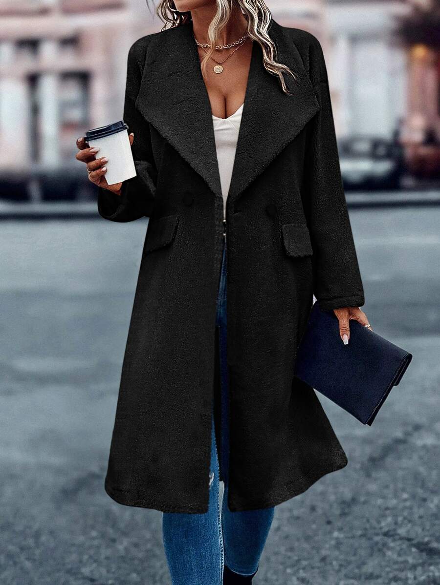 SHEIN LUNE Abrigo teddy de cuello cascada con botones - Negro - Ver 1