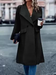 SHEIN LUNE Abrigo teddy de cuello cascada con botones - Negro - Ver 3