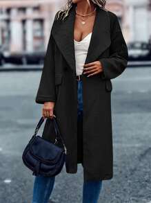 SHEIN LUNE Abrigo teddy de cuello cascada con botones - Negro - Ver 4