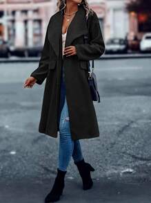 SHEIN LUNE Abrigo teddy de cuello cascada con botones - Negro - Ver 5