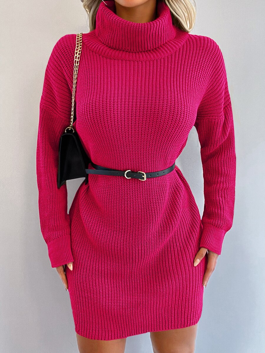 EURMUSE Pulloverkleid mit Rollkragen, Drop Shoulder ohne Gürtel - Heißes Pink - Übersicht 1