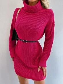 EURMUSE Pulloverkleid mit Rollkragen, Drop Shoulder ohne Gürtel - Heißes Pink - Übersicht 3
