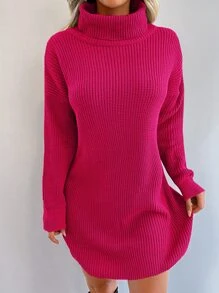EURMUSE Pulloverkleid mit Rollkragen, Drop Shoulder ohne Gürtel - Heißes Pink - Übersicht 4