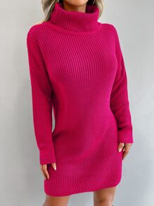 EURMUSE Pulloverkleid mit Rollkragen, Drop Shoulder ohne Gürtel - Heißes Pink - Übersicht 5