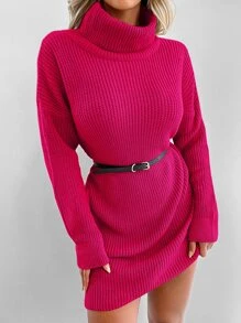 EURMUSE Pulloverkleid mit Rollkragen, Drop Shoulder ohne Gürtel - Heißes Pink - Übersicht 6