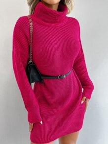 EURMUSE Pulloverkleid mit Rollkragen, Drop Shoulder ohne Gürtel - Heißes Pink - Übersicht 7