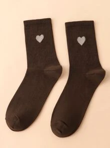 Heart Print Crew Socks - Coffee Brown - View 1