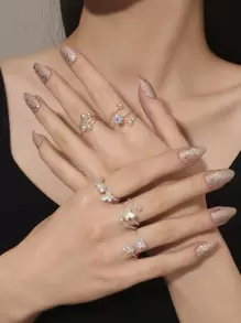 5入組蝴蝶和方晶鋯石裝飾戒指 - 銀色 - 查看 2