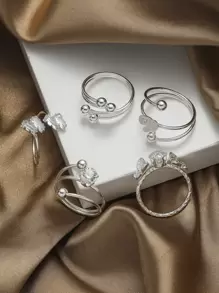 5入組蝴蝶和方晶鋯石裝飾戒指 - 銀色 - 查看 4