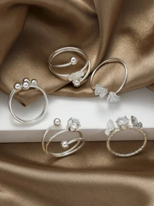 5入組蝴蝶和方晶鋯石裝飾戒指 - 銀色 - 查看 5