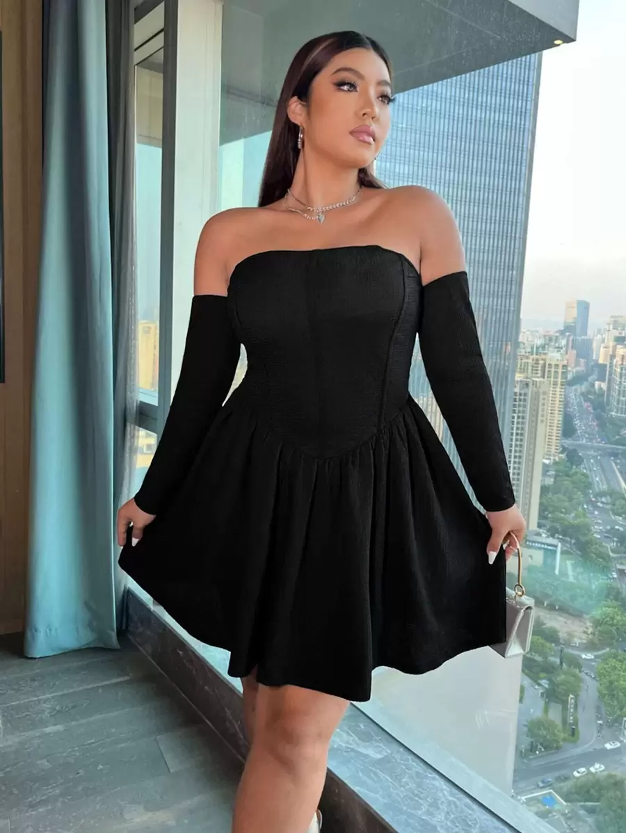 SHEIN ICON Vestido de hombros descubiertos bajo amplio - Negro - Ver 1