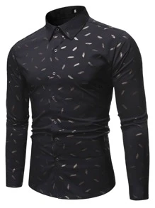 Manfinity Men Feather Print Button Up Shirt - Black - View 1