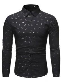 Manfinity Men Feather Print Button Up Shirt - Black - View 5