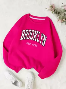 SHEIN EZwear 字母圖案加絨內裏運動衫 - 玫紅色 - 查看 1