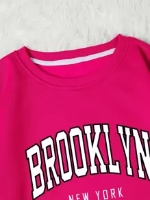 SHEIN EZwear 字母圖案加絨內裏運動衫 - 玫紅色 - 查看 6