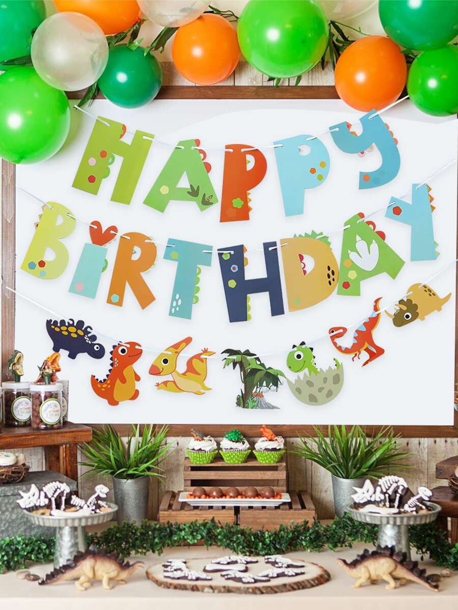 3pcs Dinosaur & Slogan Graphic Pull Flag - Multicolor - View 1