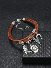 時尚流行男士靴子和仙人掌吊飾分層手鍊PU適合度假和時尚外觀 - 卡其色 - 查看 1