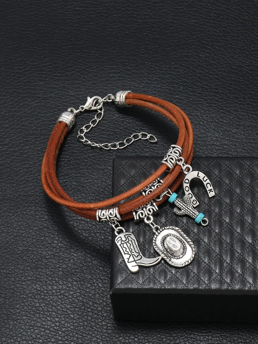 時尚流行男士靴子和仙人掌吊飾分層手鍊PU適合度假和時尚外觀 - 卡其色 - 查看 1