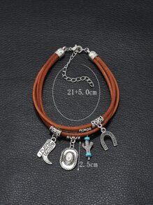 時尚流行男士靴子和仙人掌吊飾分層手鍊PU適合度假和時尚外觀 - 卡其色 - 查看 3