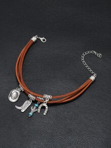 時尚流行男士靴子和仙人掌吊飾分層手鍊PU適合度假和時尚外觀 - 卡其色 - 查看 4