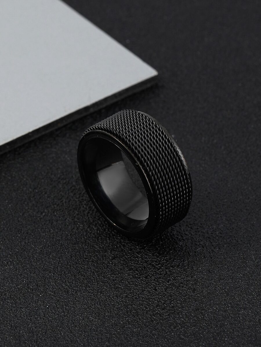 Fashionable and Popular 1pc Men Minimalist Textured Ring, Stainless Steel Jewelry Goth Punk Jewelry for Jewelry Gift and for a Stylish Look - Black - View 1