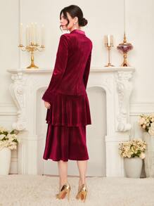 Modelyn Burgundy Red Double Breasted Fuzzy Cuff Velvet Blazer Dress - Burgundy - View 2
