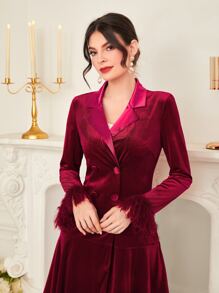 Modelyn Burgundy Red Double Breasted Fuzzy Cuff Velvet Blazer Dress - Burgundy - View 4