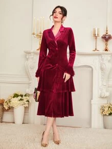 Modelyn Burgundy Red Double Breasted Fuzzy Cuff Velvet Blazer Dress - Burgundy - View 5