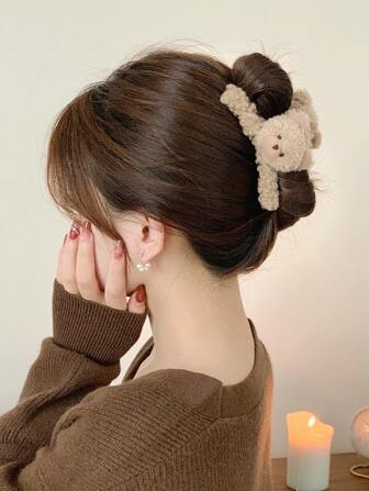 Cartoon Bear Decor Fuzzy Hair Claw Cute,Hair Accessories,Claw Clips,Hair Jaw Clip,Hair Clutch, School Stuff, College Fall Winter Hair Clip For Vacation Outfits Woman