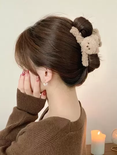 卡通熊装饰毛绒绒发爪可爱、发饰、爪夹、发夹、发夹、学校用品、学院秋冬发夹，适合度假装扮女士