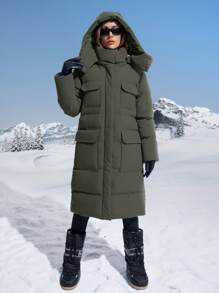Flap Pocket Hooded Padded Padded Coat Clothes Winter - Army Green - View 4