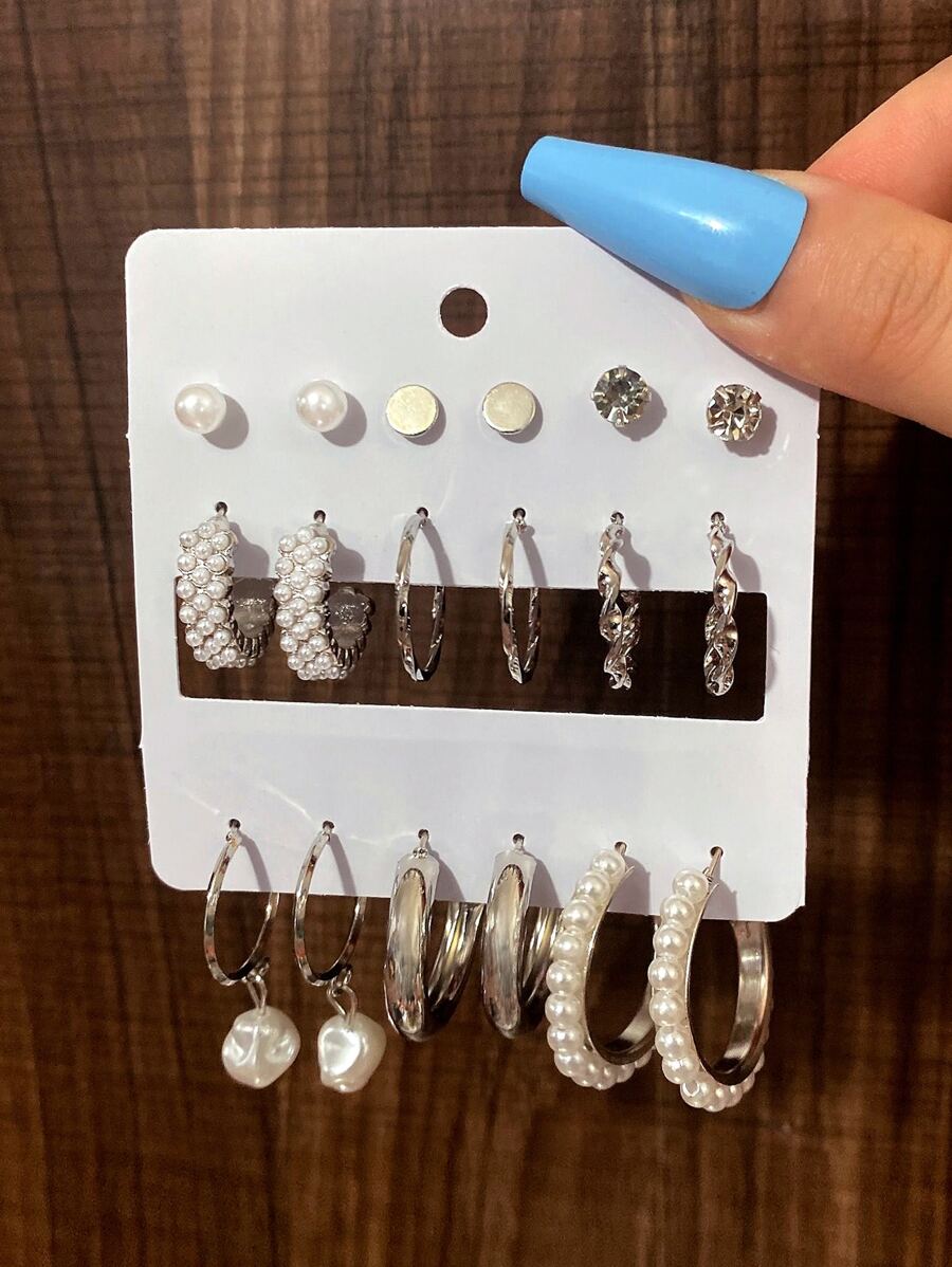 9對水晶與假珍珠裝飾耳環 - 銀色 - 查看 1