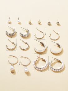 9對水晶與假珍珠裝飾耳環 - 銀色 - 查看 3