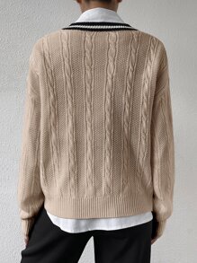 Chiquease 条纹饰边落肩粗针织毛衣（不含衬衫），女士春秋季休闲长袖常规版型卡其色落肩套头衫女式毛衣，长袖上衣 - 卡其色 - 查看 2