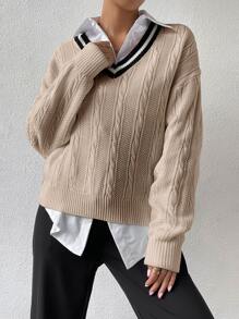 Chiquease 条纹饰边落肩粗针织毛衣（不含衬衫），女士春秋季休闲长袖常规版型卡其色落肩套头衫女式毛衣，长袖上衣 - 卡其色 - 查看 3