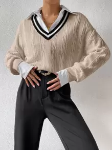 Chiquease 条纹饰边落肩粗针织毛衣（不含衬衫），女士春秋季休闲长袖常规版型卡其色落肩套头衫女式毛衣，长袖上衣 - 卡其色 - 查看 4