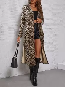 SHEIN Clasi Áo khoác nỉ xẻ tà hở trước họa tiết da báo cho mùa thu/đông - Nhiều màu - Xem 1